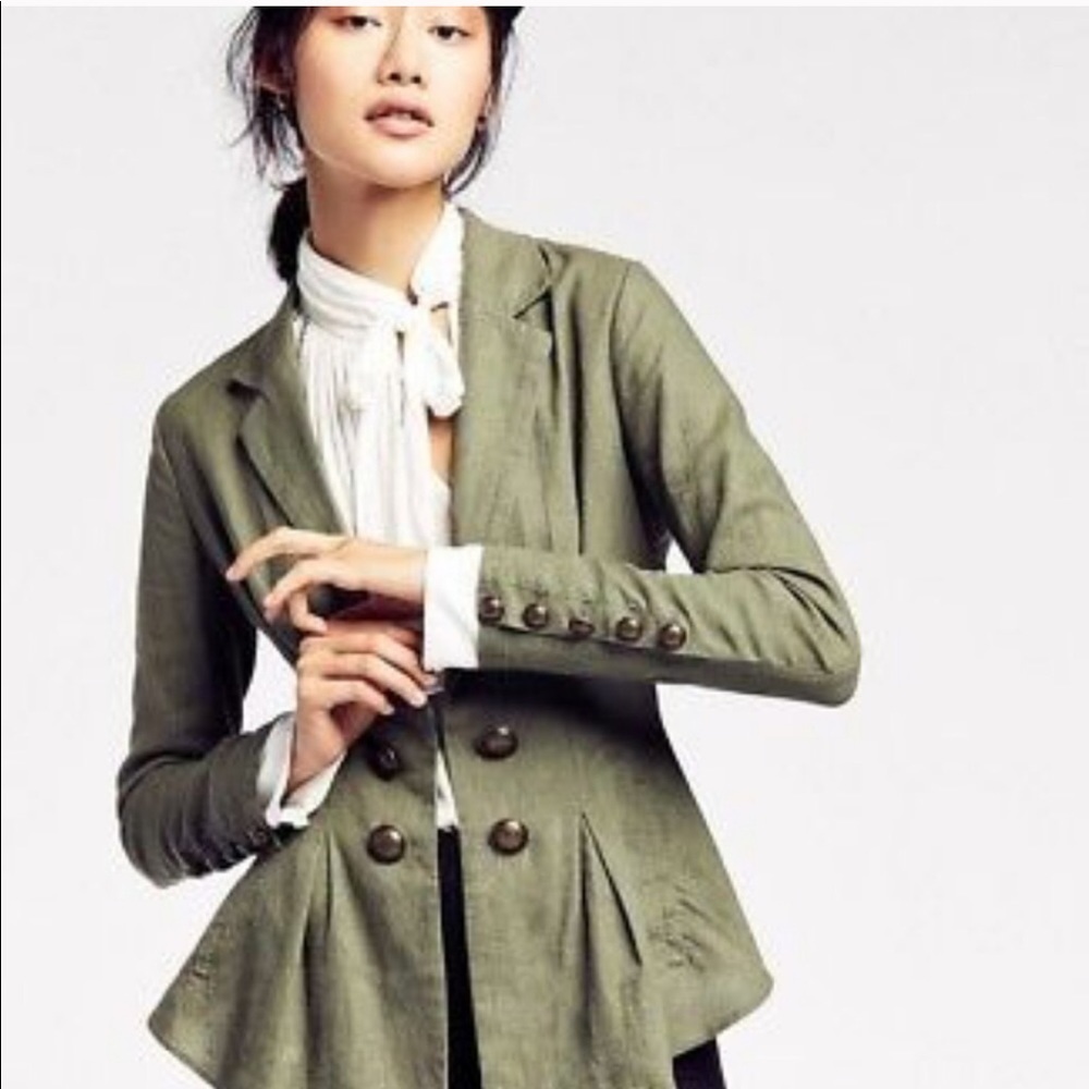Free people cinched waist button detail olive army green linen blazer size xs